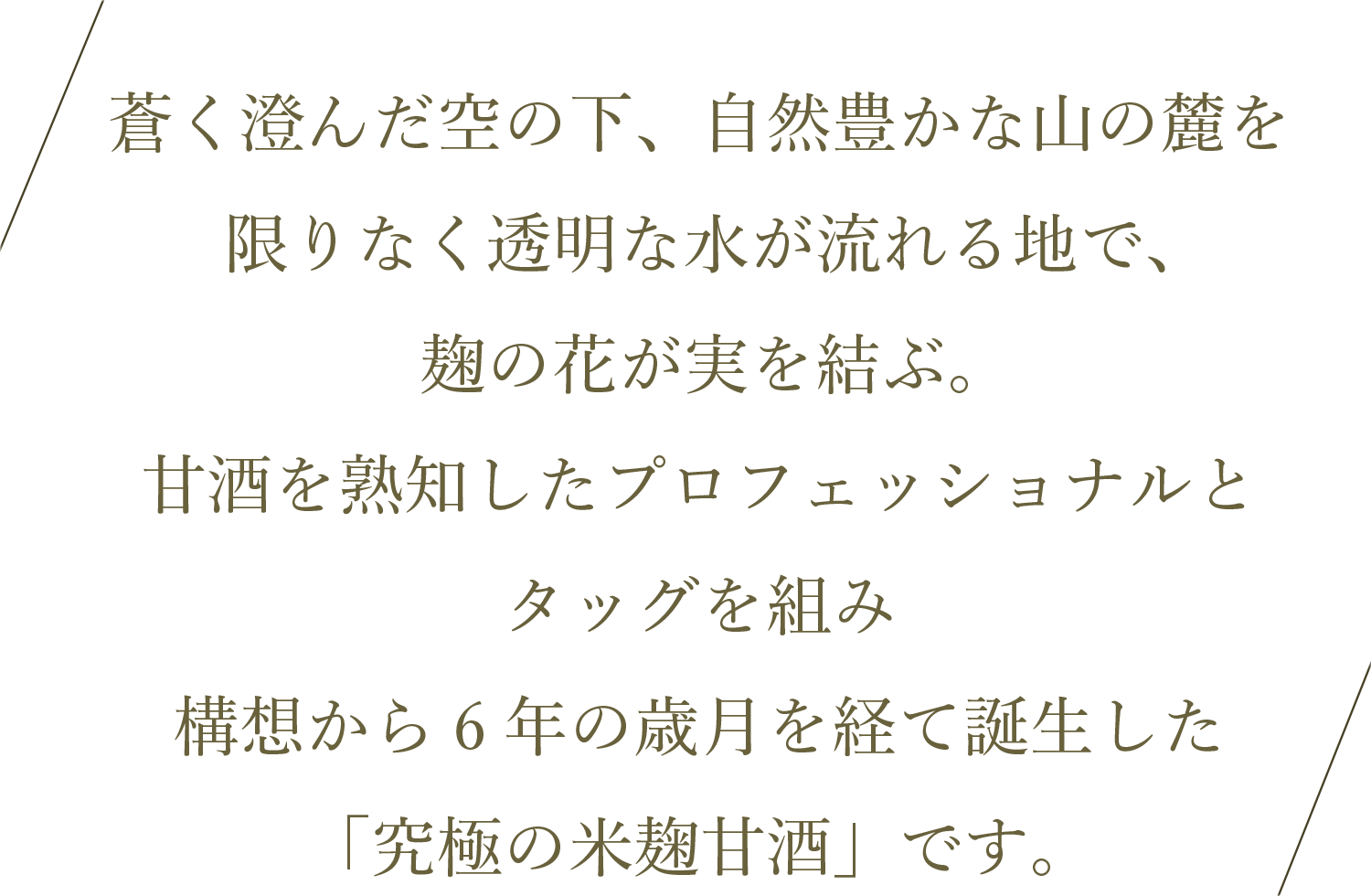 蒼く澄んだ空の下、自然豊かな山の麓を限りなく透明な水が流れる地で、麹の花が実を結ぶ。甘酒を熟知したプロフェッショナルとタッグを組み構想から6年の歳月を経て誕生した「究極の米麹甘酒」です。